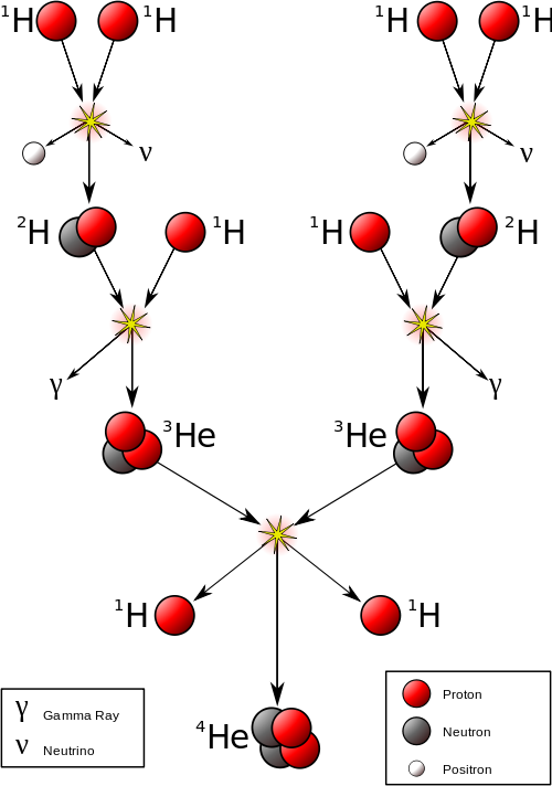 The proton-proton chain occurring inside a small to mid-sized star (v are neutrinos and γ are gamma rays) (Source: Wikimedia commons).