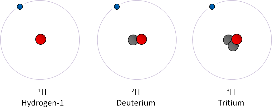 The three Hydrogen isotopes relevant for our discussion. From left to right: "common" Hydrogen (with a one proton nucleus), Deuterium (one proton and one neutron) and Tritium (two neutrons).