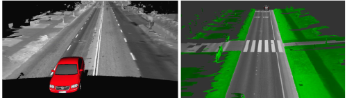 The reconstructed 3D map with gray levels from LIDAR reflectance (left) and the isolation of the ground plane (right). (Source:  [1])